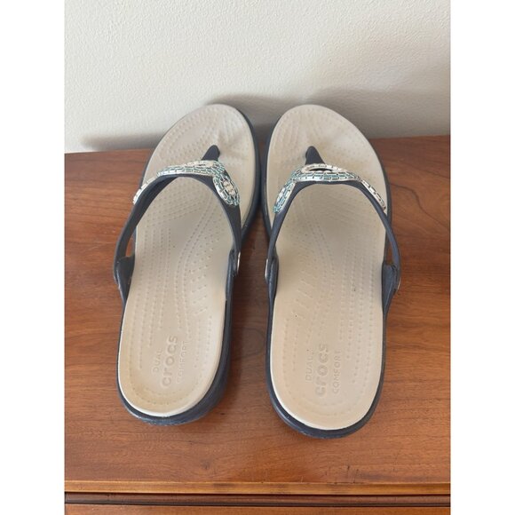 Crocs Sanrah Diamante Navy Blue & Turquoise Wedge Sandals Womens Size 8 - Picture 5 of 9